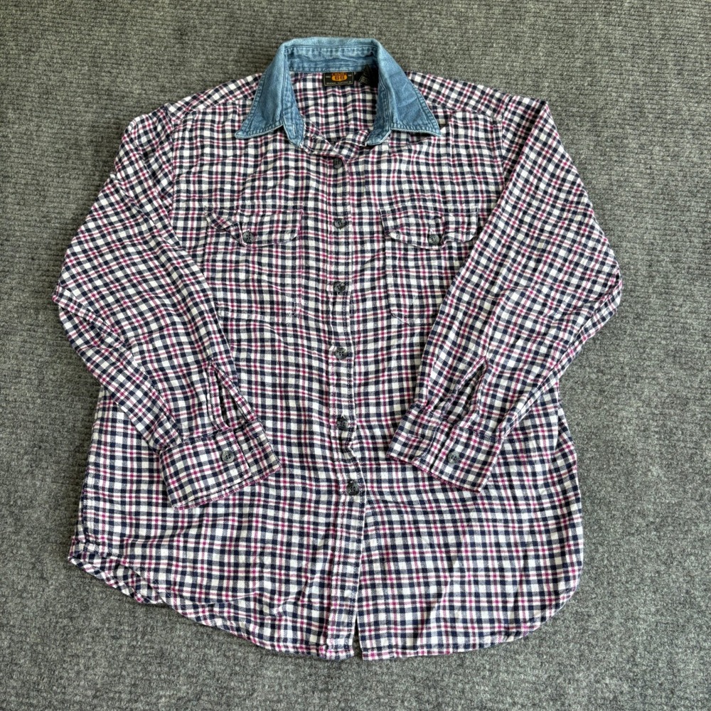 Route 66 Mens Small Plaid Button Up Shirt Denim Collar Navy Pink Check 3667
